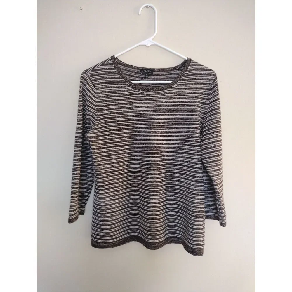 TALBOTS Blouse Woman Medium Gray Metallic Striped Linen Blen 3/4 Sleeves Knit‎